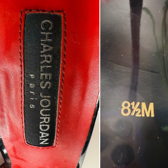 Charles Jourdan Paris Black Leather Ankle Strap Peep Toe Heels Bow Detail 8.5M - Picture 10 of 13